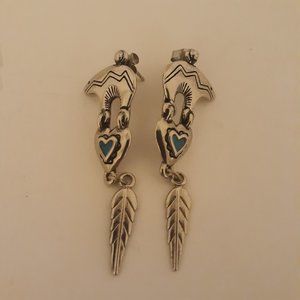 southwestern earring set. bear, turquoise center heart, and feather, 2" long
